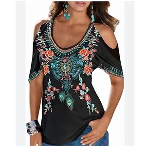 Boho Floral Print V Neck Off-The-Shoulder Cold-Shoulder Top Size L NWOT